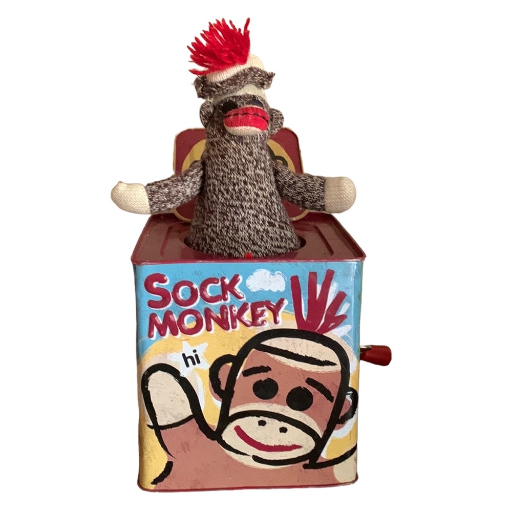 VINTAGE SOCK MONKEY & YOU WIND UP TOY COLLECTIBLE POP UP